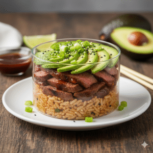 Teriyaki Beef and Avocado Rice Stack