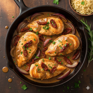 Creamy Balsamic Chicken with Roasted Onions and Sun-Dried Tomatoes